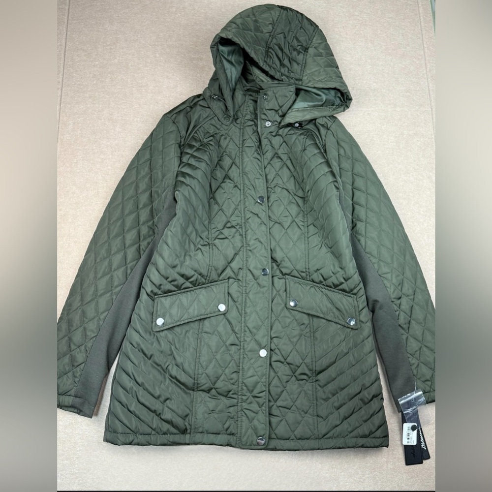 Sebby Collection Women’s Quilted Jacket with Detachable Hood, Size S Olive Green